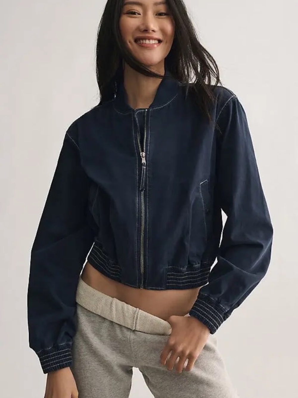 Anthropologie Pilcro Navy Cropped Canvas Cotton Bomber Jacket